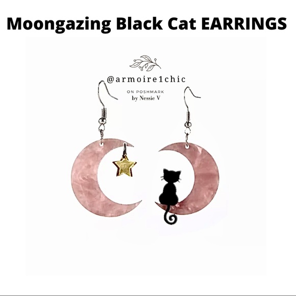 Black Cats Moongazing EARRINGS | Pink Pearlescent | holiday - Picture 2 of 7